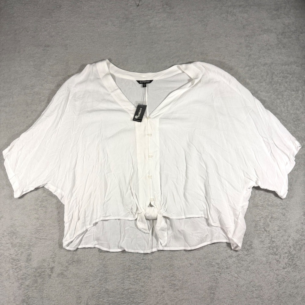 Express Button Front Top Women Large White Tie Front Dolman Sleeve Rayon